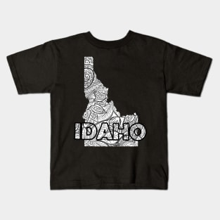 Mandala art map of Idaho with text in white Kids T-Shirt